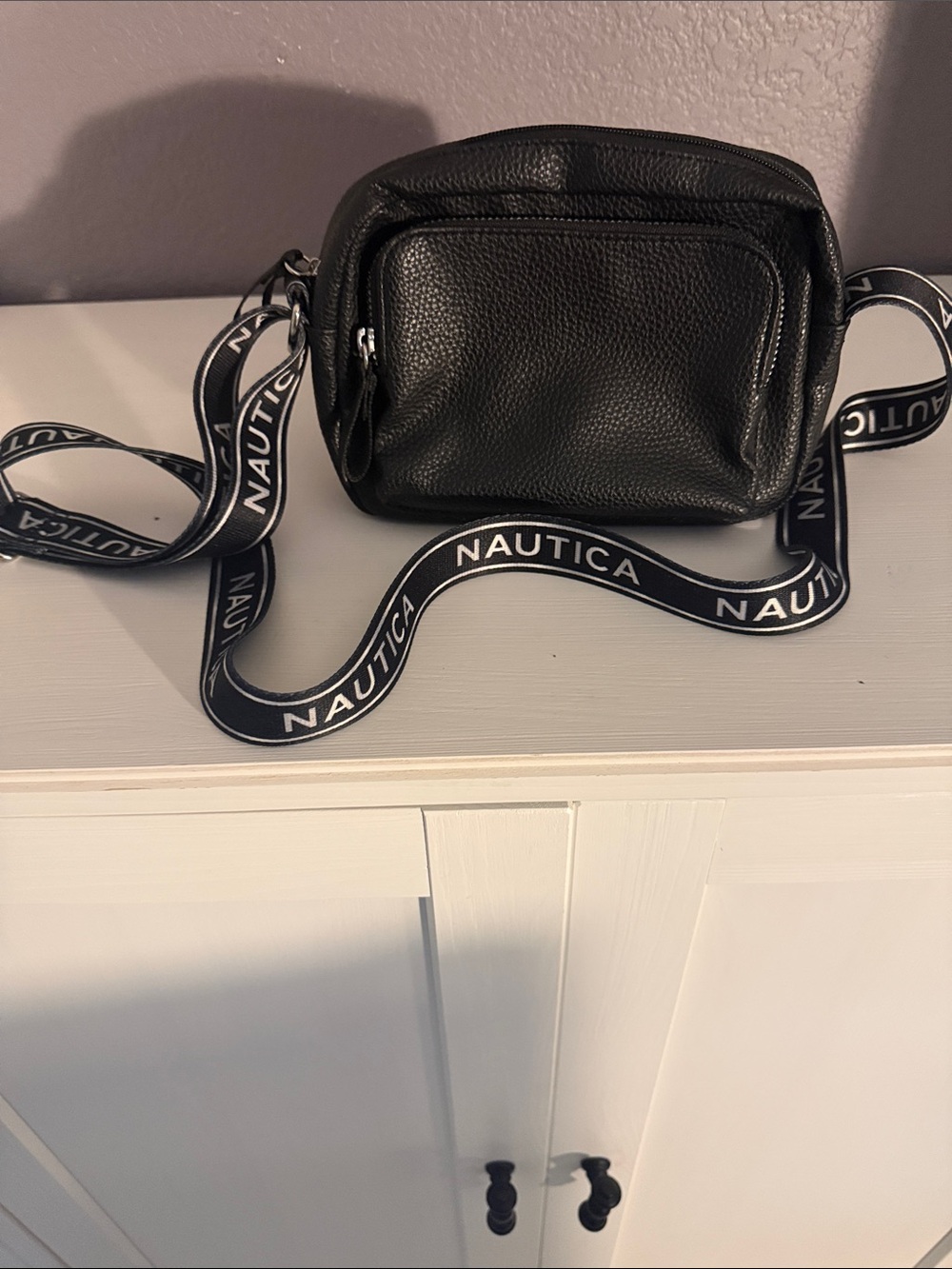 Nautica Black Pebbled Leather Belt Bag with Branded Strap